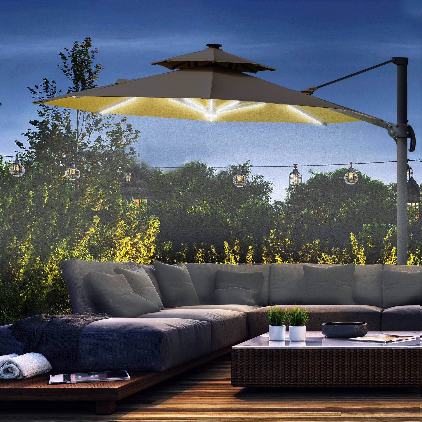 3m Cantilever Parasol with Solar Lights, Power Bank Base 360° Spin