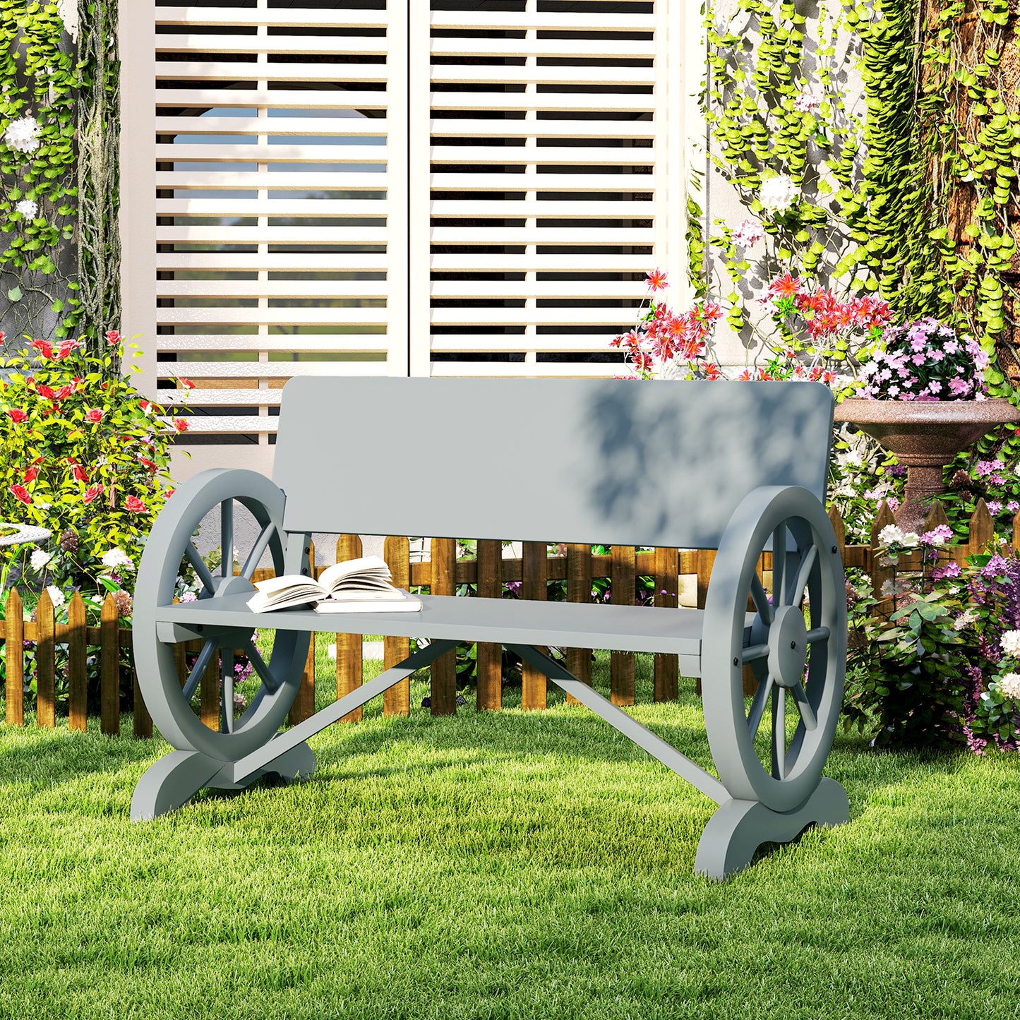 Fir Wood 2-Seater Outdoor Garden Wagon Wheel Bench