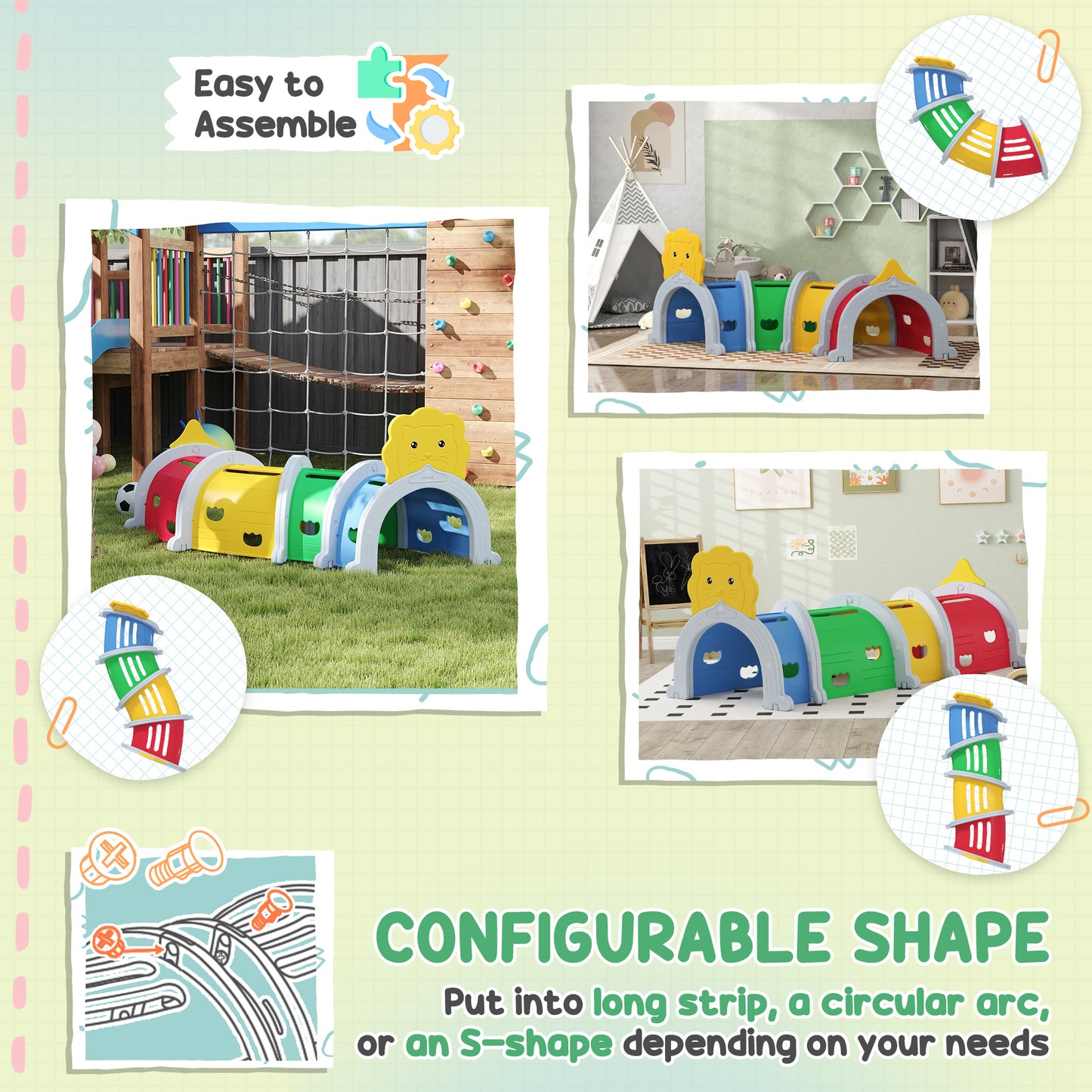 Kids Play Tunnel with Lion Design for 3-6 Years, Crawling, Climbing
