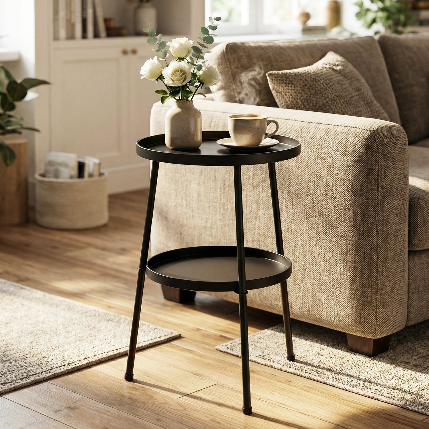 Patio Side Table, 2-Tier Round Coffee End Table