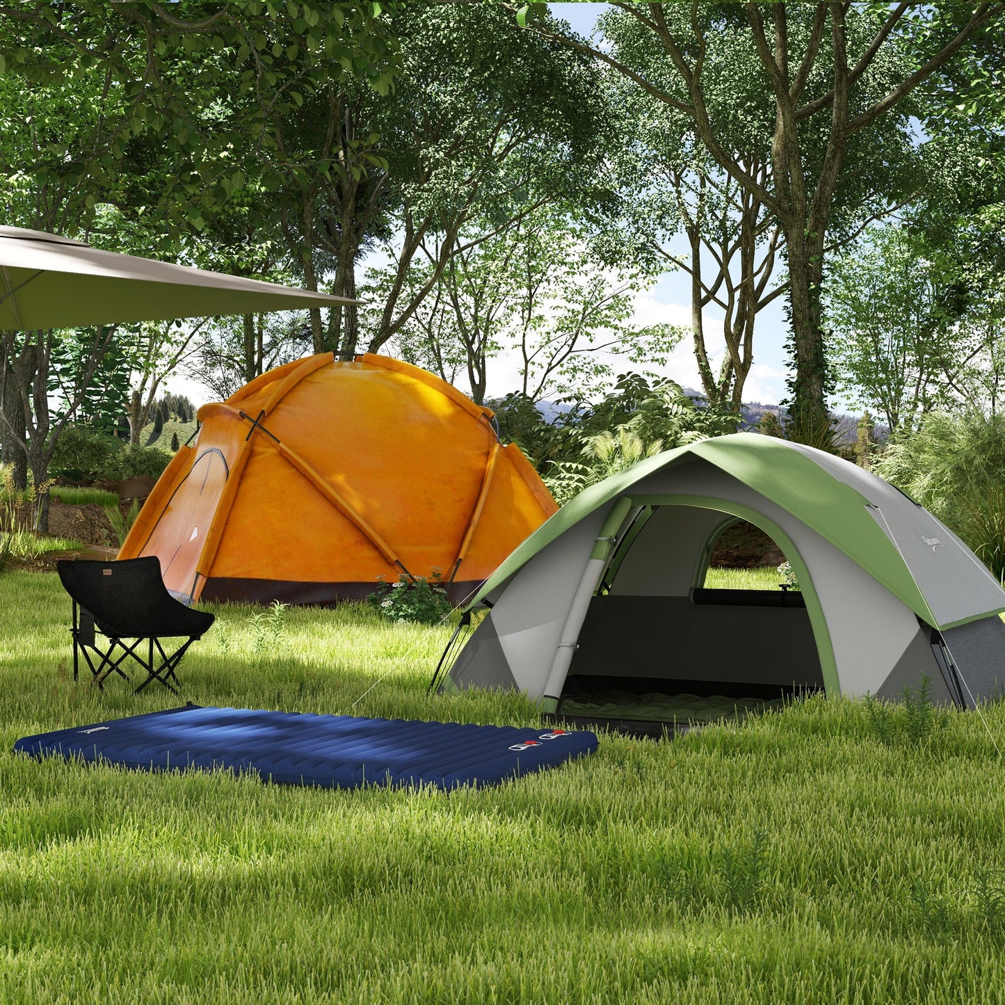 Camping Tent with Inflatable Mattress and Camping Chair