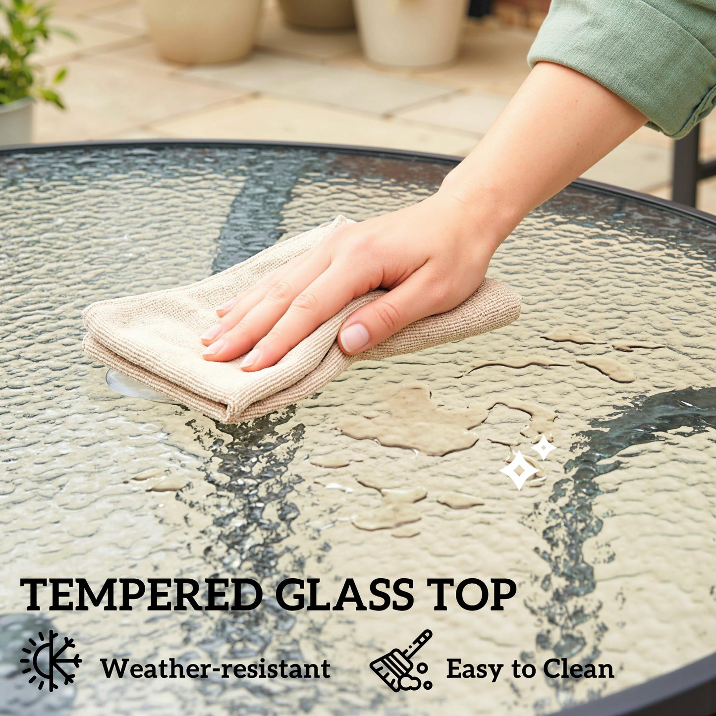 Tempered Glass Top Round Outdoor Dining Table with Parasol Hole
