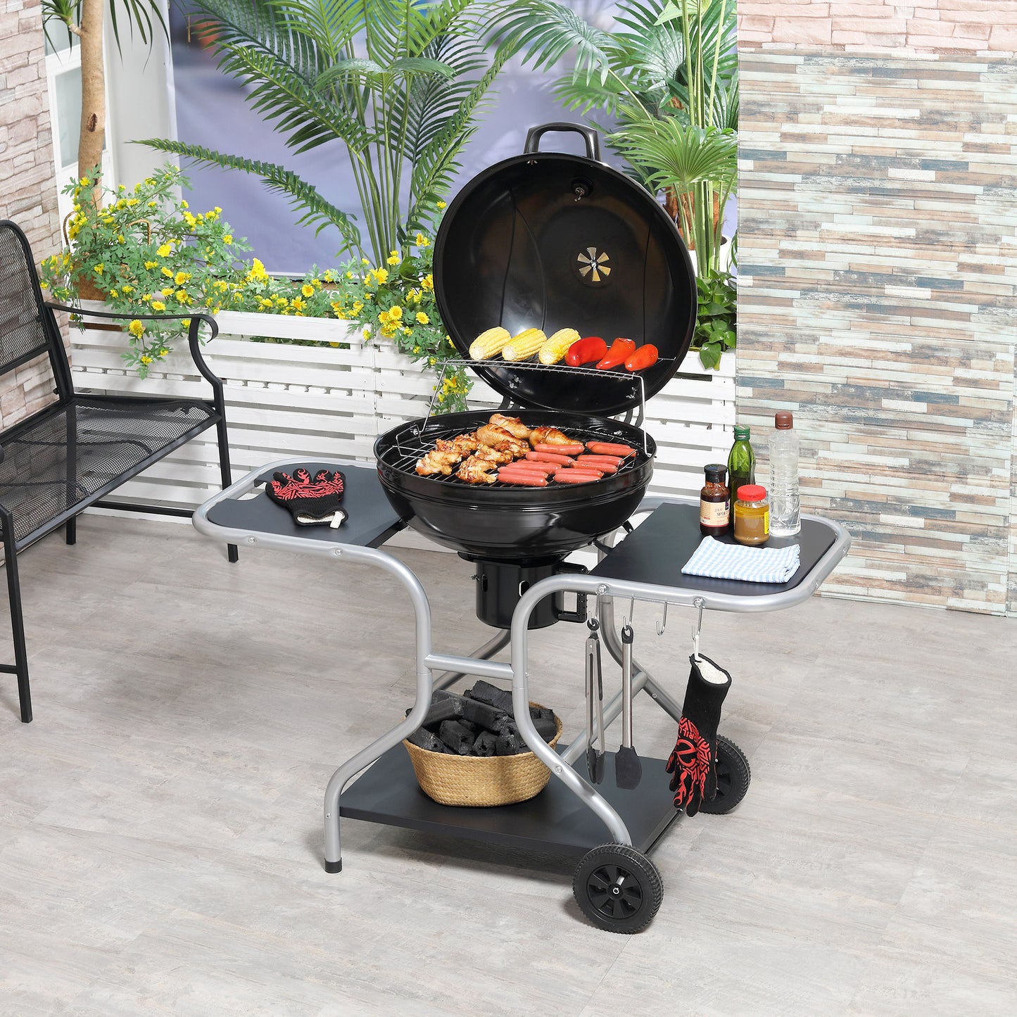 Portable Charcoal Kettle Grill Outdoor Barbecue Trolley BBQ Heat