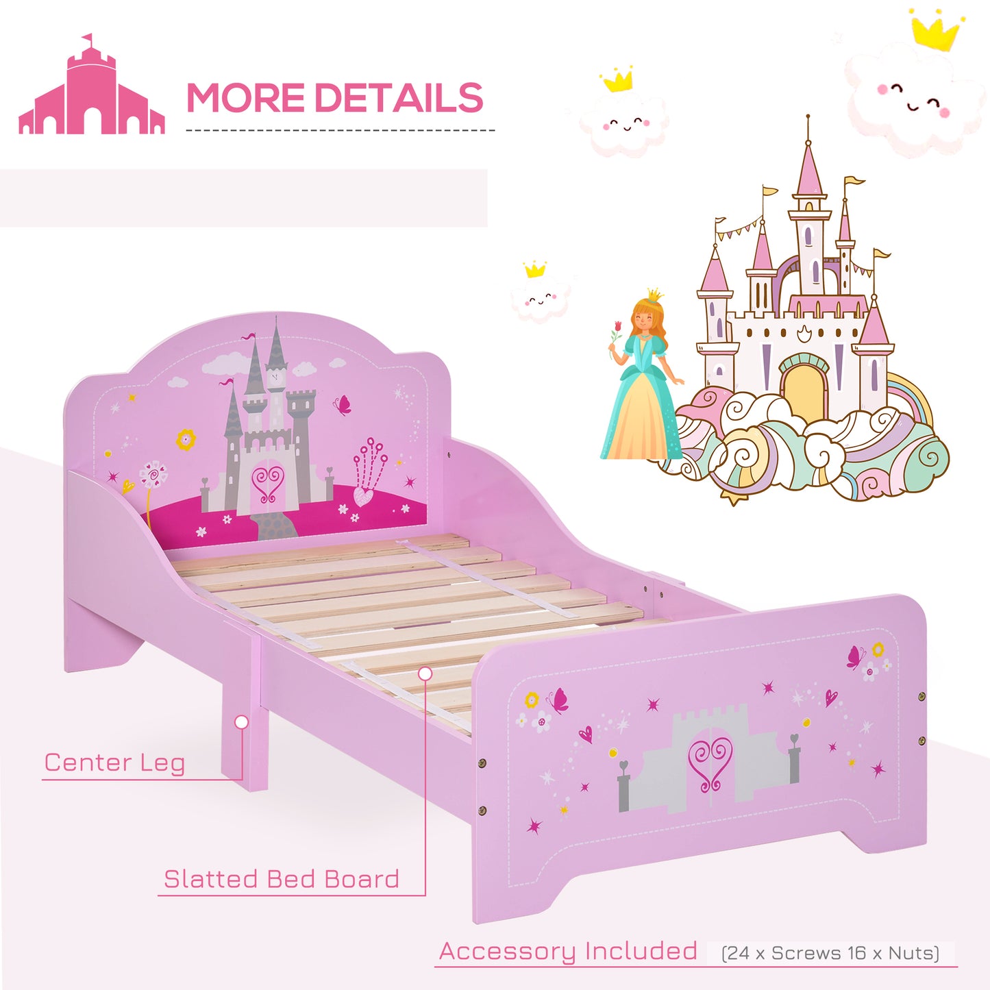 Kids Bed Princess Castle Theme w/ Side Rails Slats Home Furniture