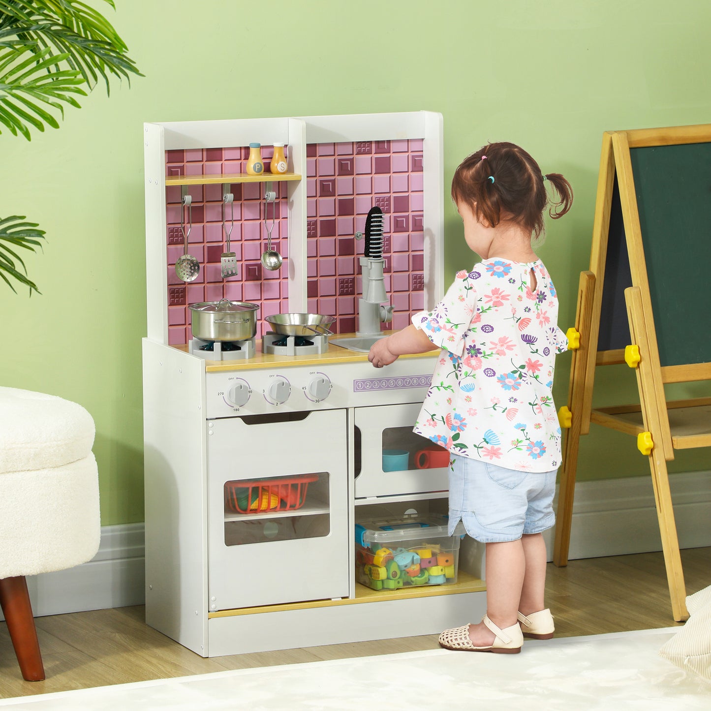 Kids Play Kitchen, Pretend Play Kitchen with Realistic Oven, Stove