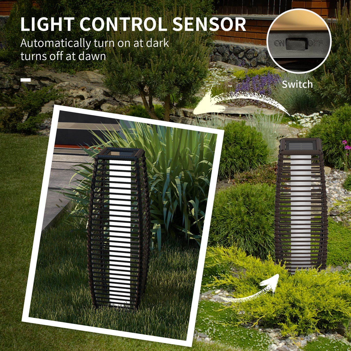 Rattan Solar Floor Lamp,  68cm Tall Outdoor Garden Lantern Pathway