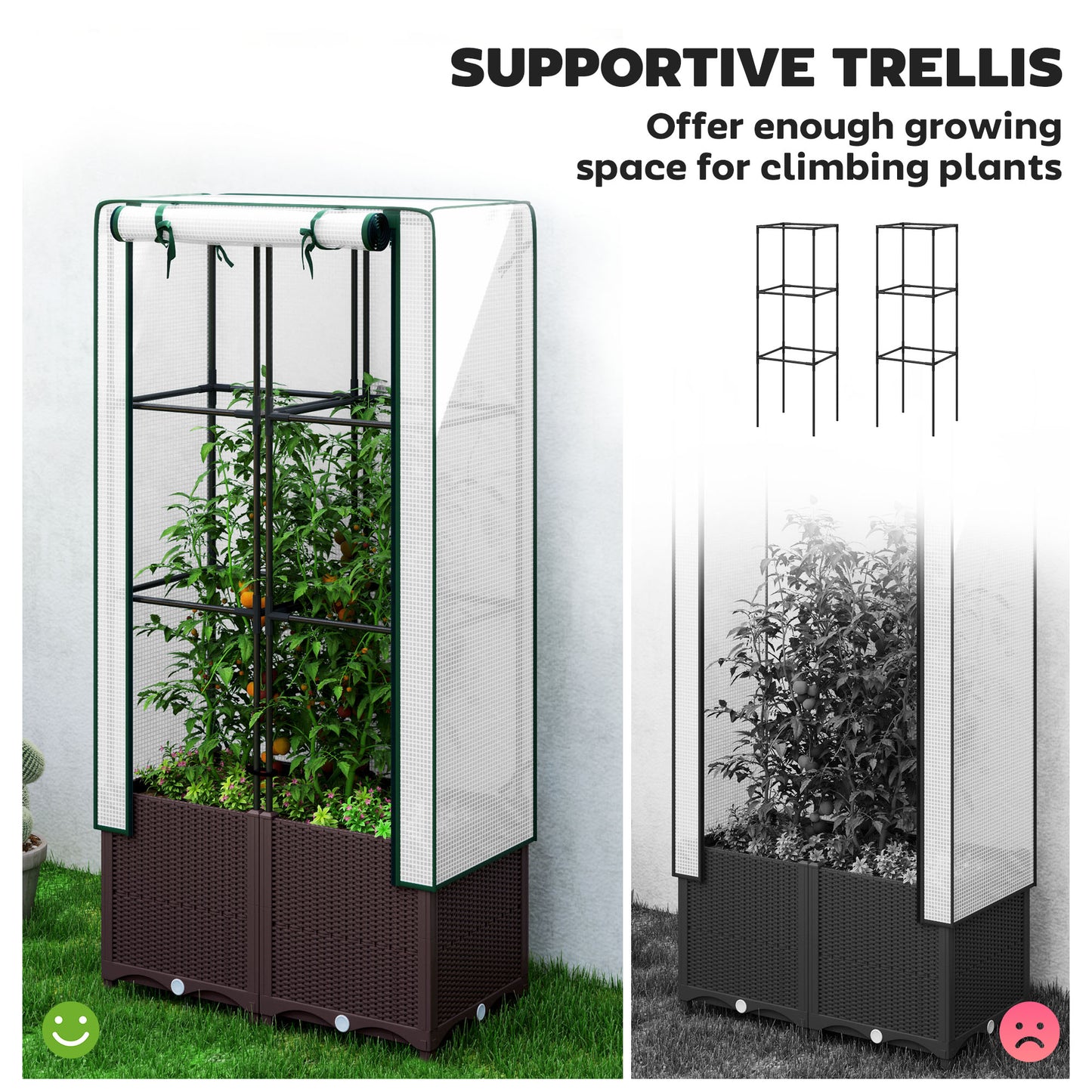Raised Garden Bed with Trellis, Plastic Planter Box with PE Cover