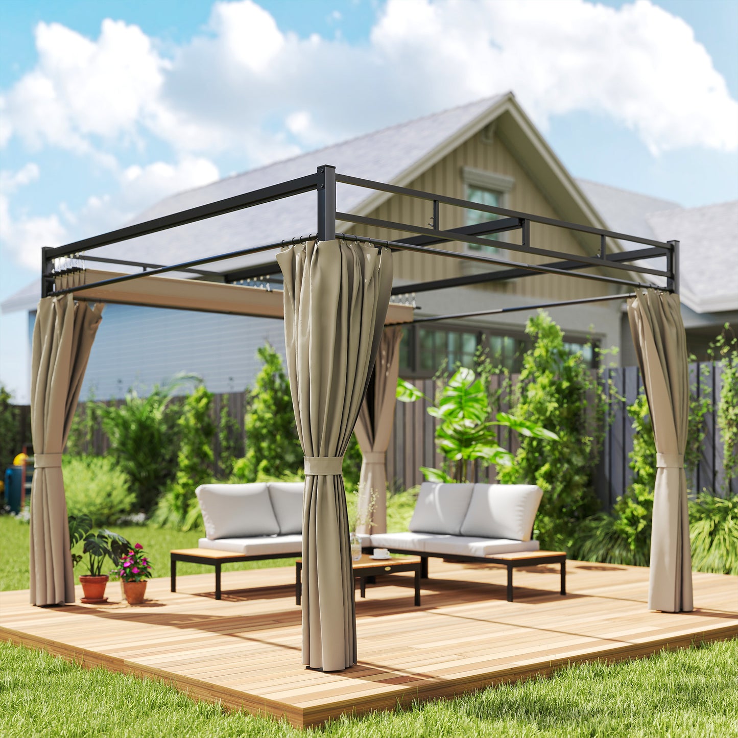 3 x 3 m Pergola with Retractable Roof Canopy and Curtains