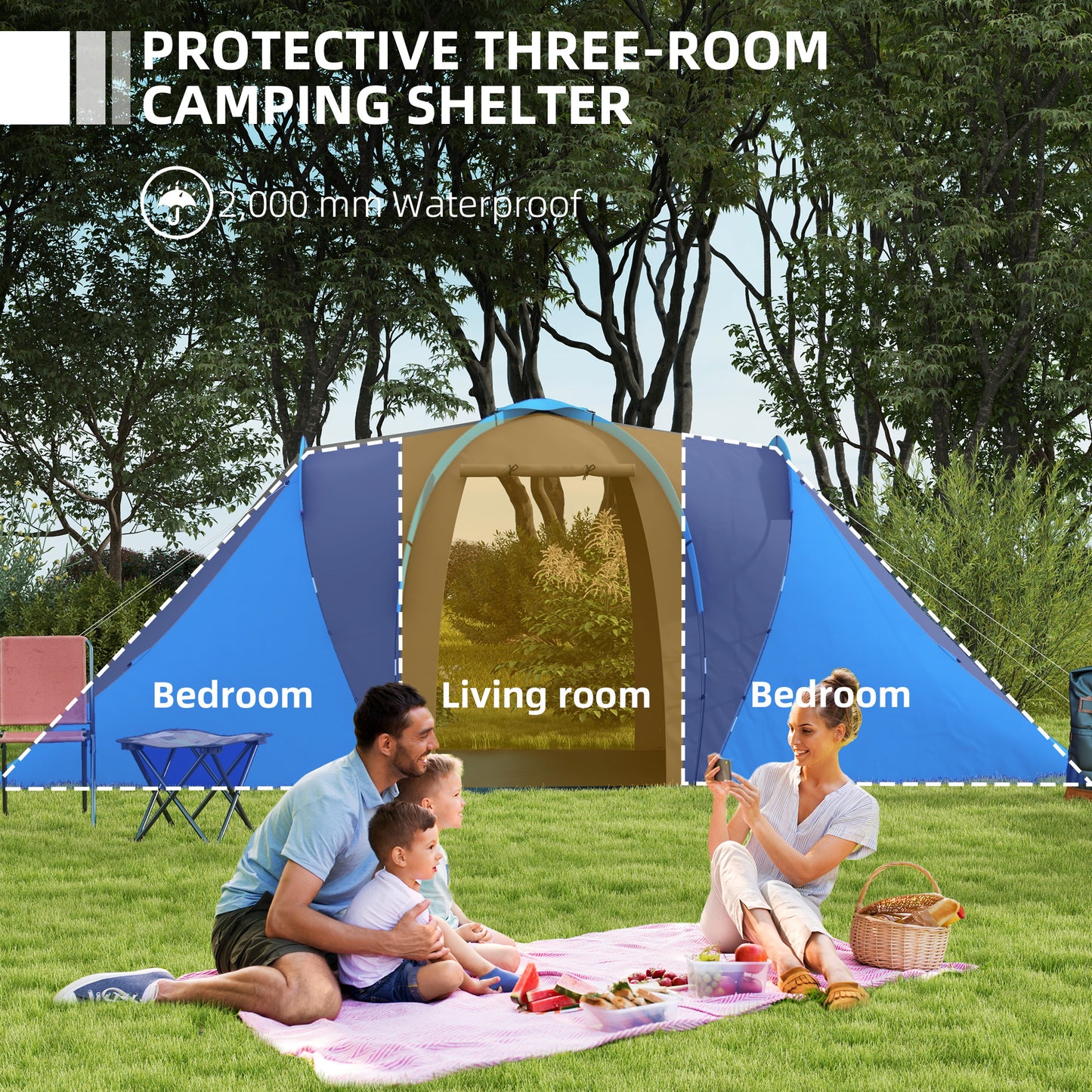 Large Camping Tent Tunnel Tent with 2 Bedroom and Living Area