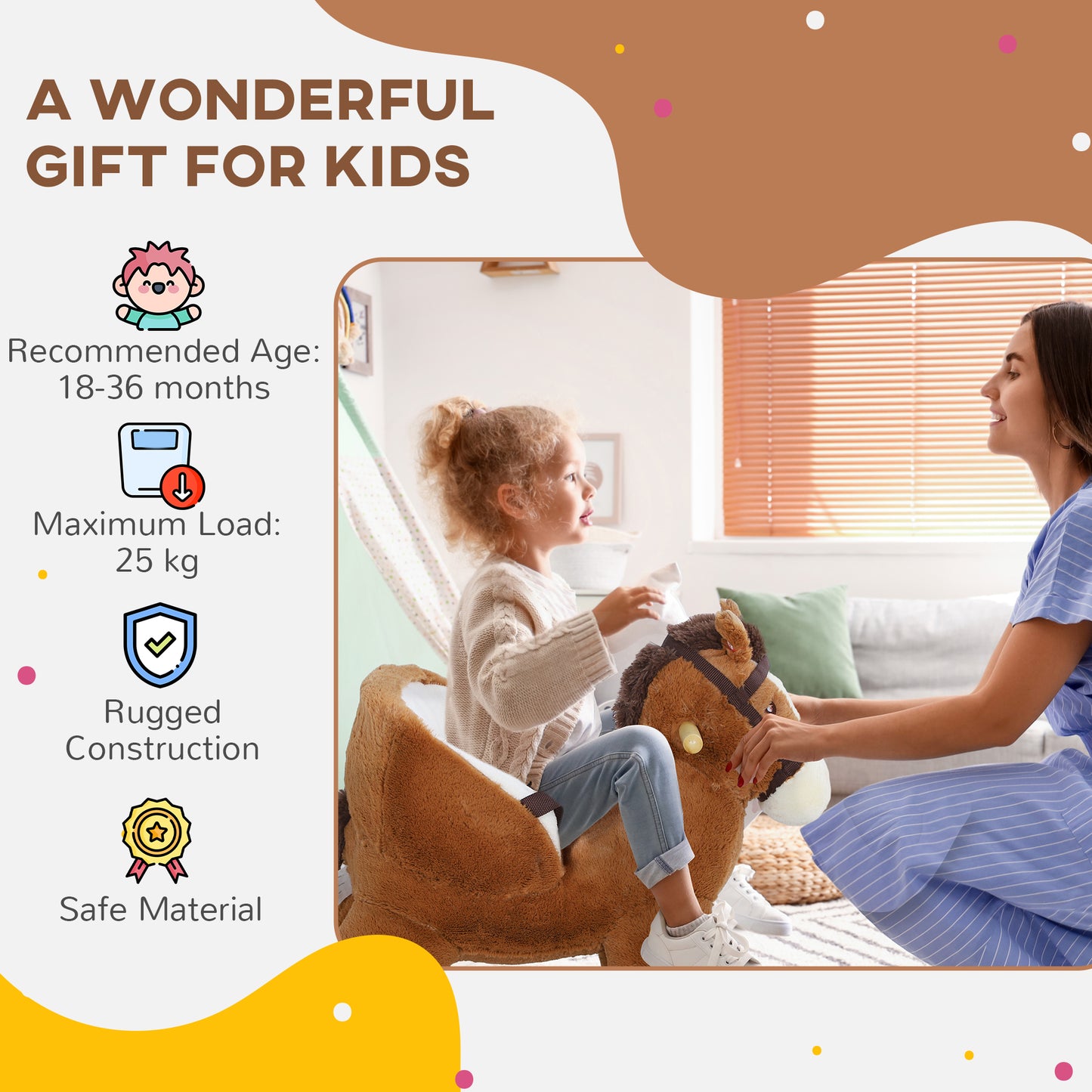 Kids Rocking Horse, Plush Ride on Horse, with Sound, Wood Base