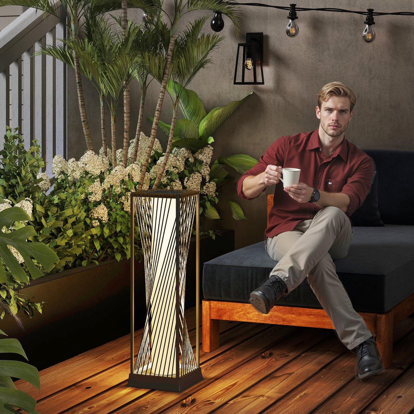 Rattan Solar Garden Lights, Auto On/Off LED Floor Lamp