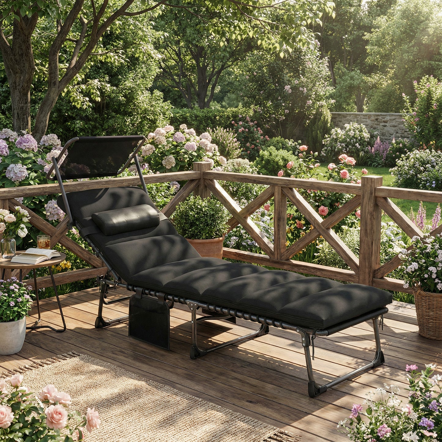 Folding Sun Lounger with Canopy, Reclining Sunbed with Cushion