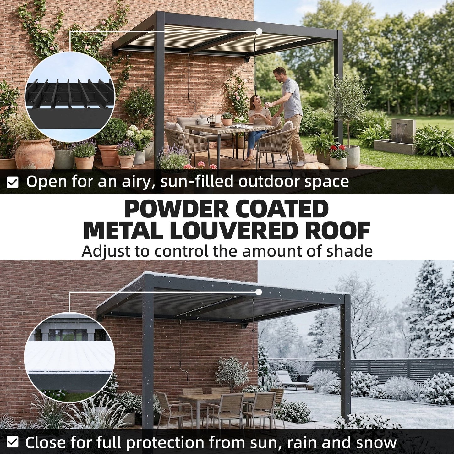3 x 3 m Louvered Pergola with LED Lights, Metal Louvres (1)