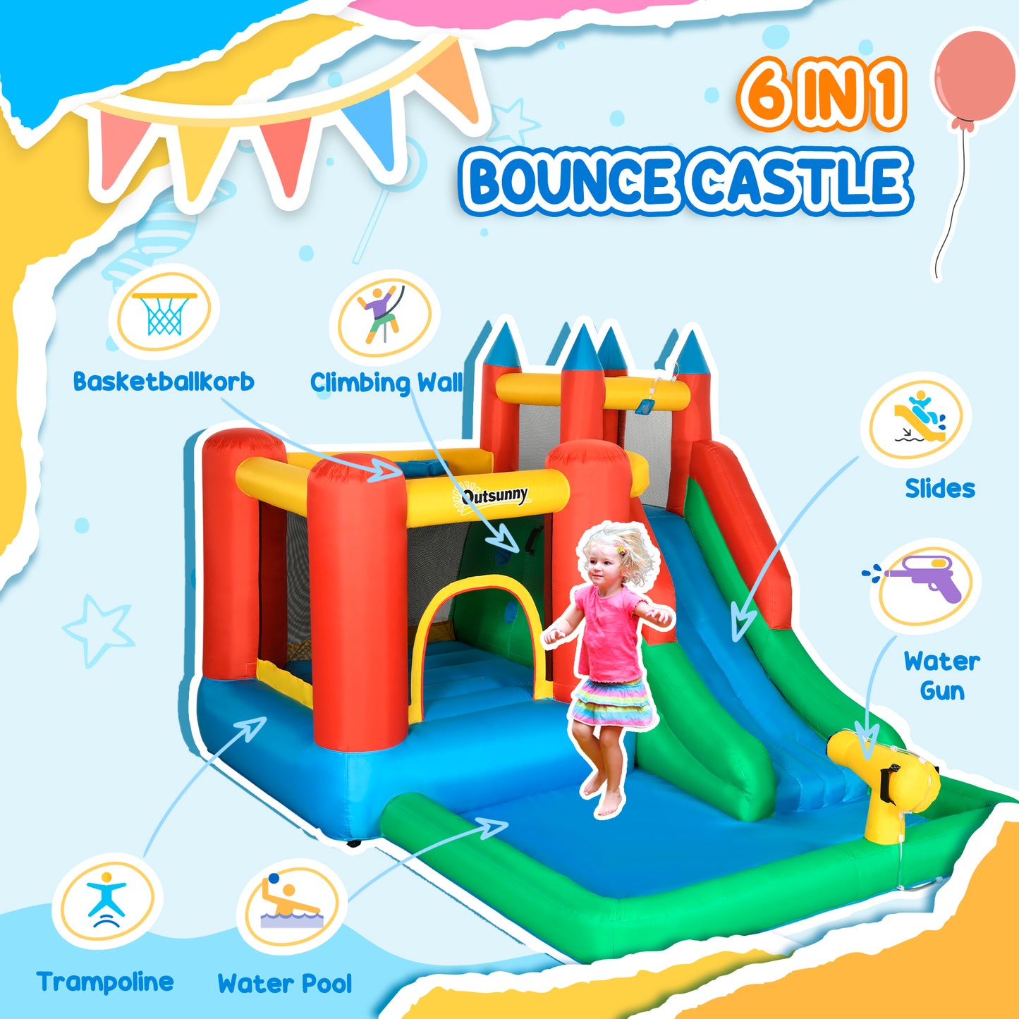 Kids Inflatable Bouncy Castle Water Slide 6 in 1 Bounce House