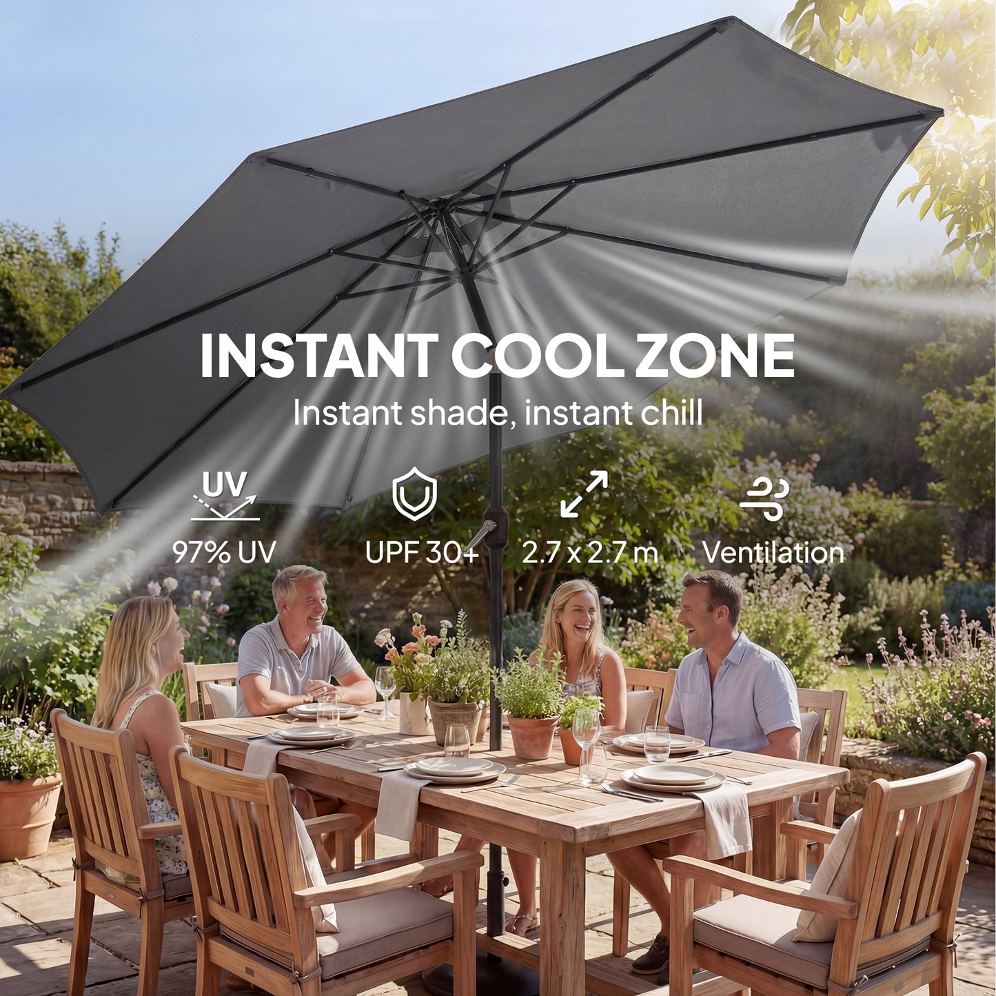 2.7 m Garden Parasol Umbrella with Cross Base and Sandbag