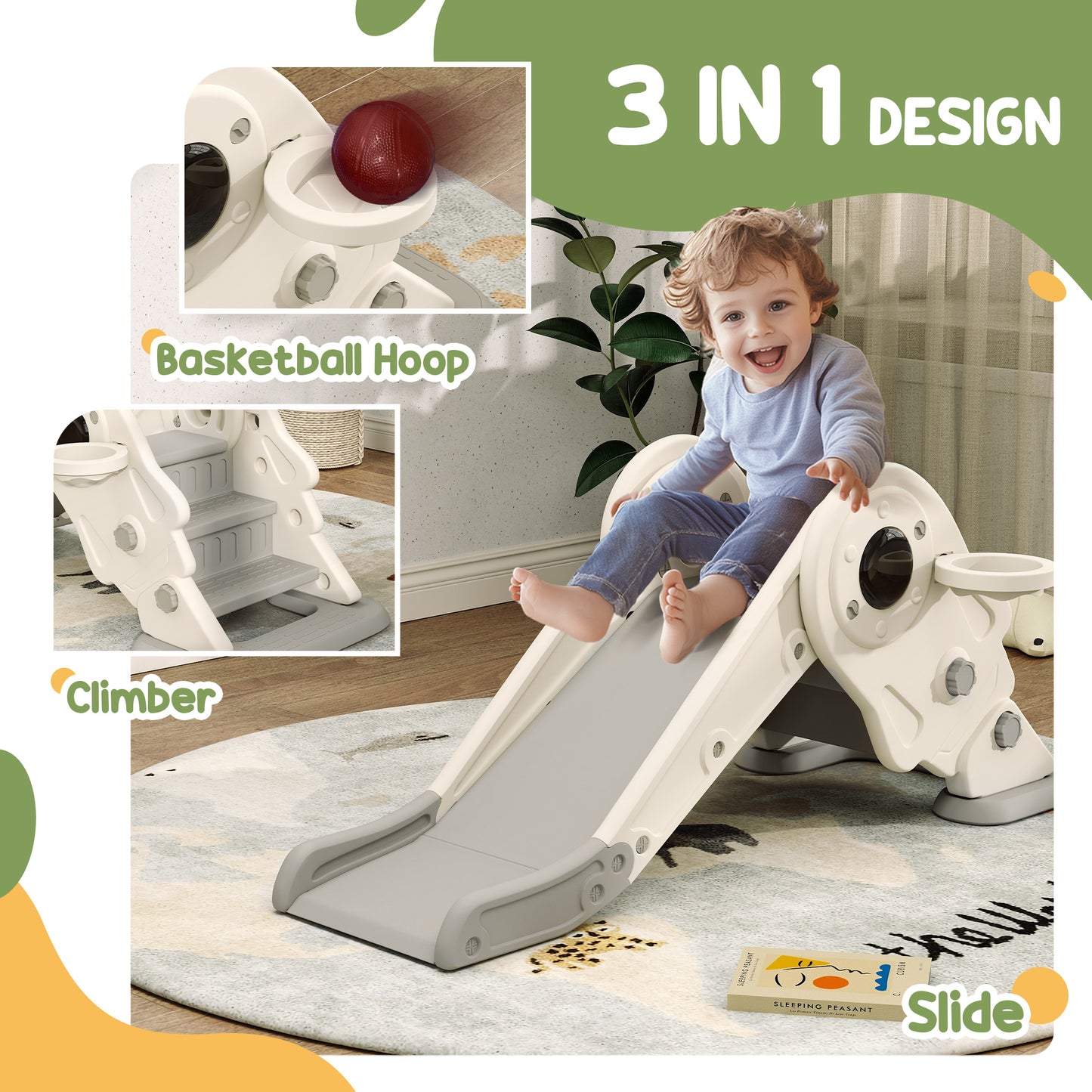 3-in-1 Kids Slide with Basketball Hoop, Climber