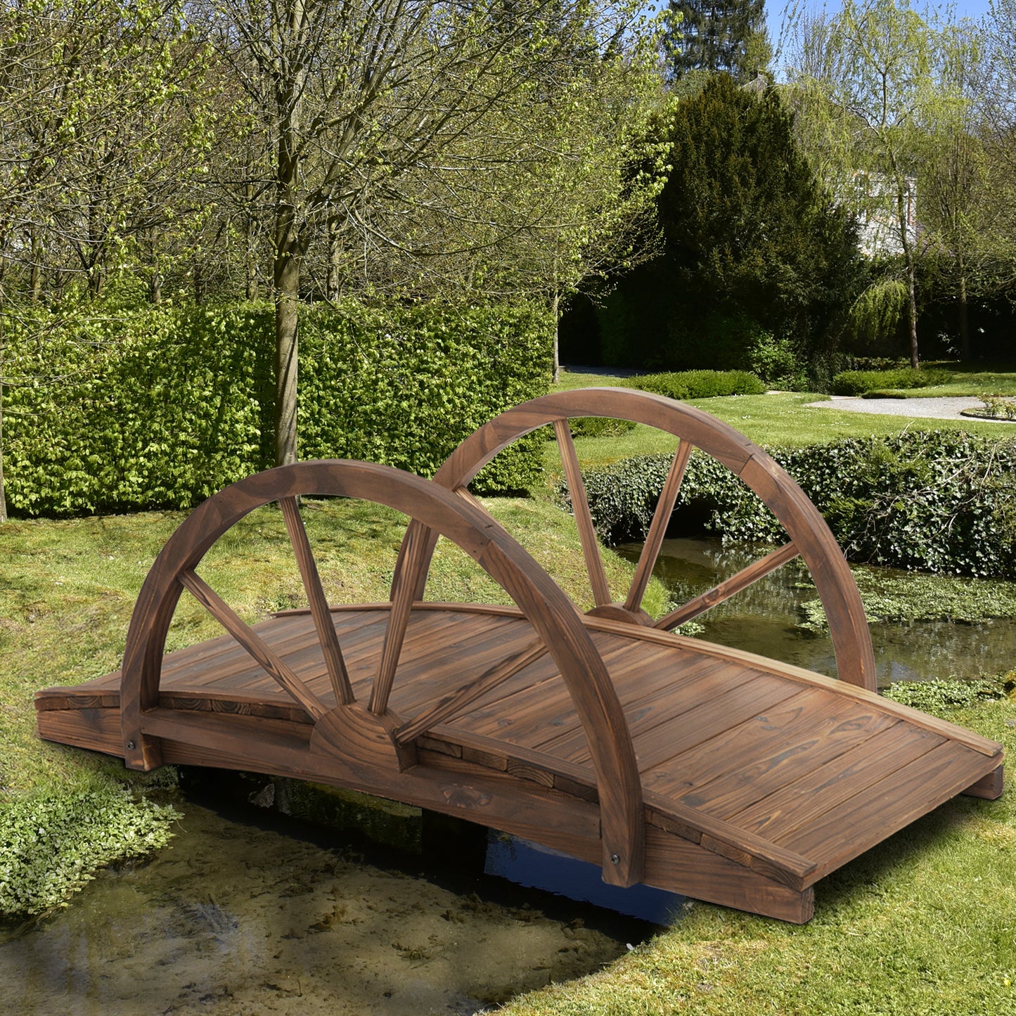 Wooden Garden Bridge Lawn Décor Stained Finish Arc Outdoor Pond