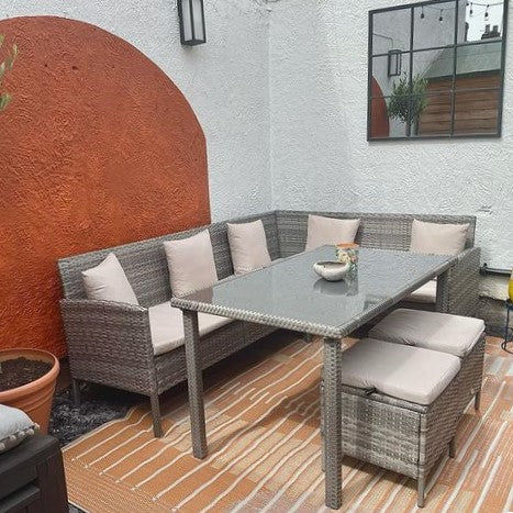 6-Seater Rattan Dining Set Sofa Table Footstool Outdoor w/ Cushion