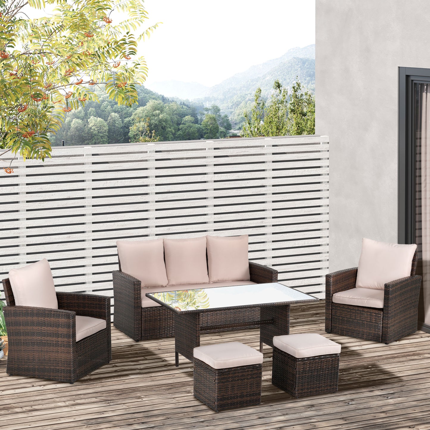 Six-Piece Rattan Sofa Set, with Glass-Top Table