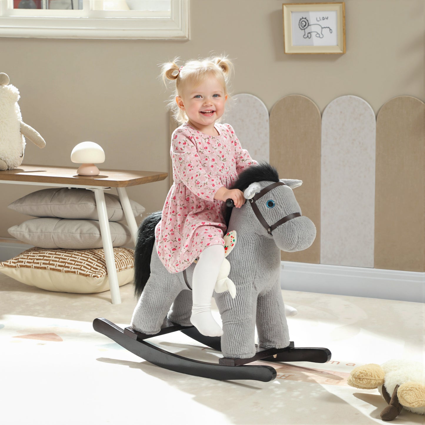 Baby Rocking Horse, Plush Ride on Toy with Handle Grip