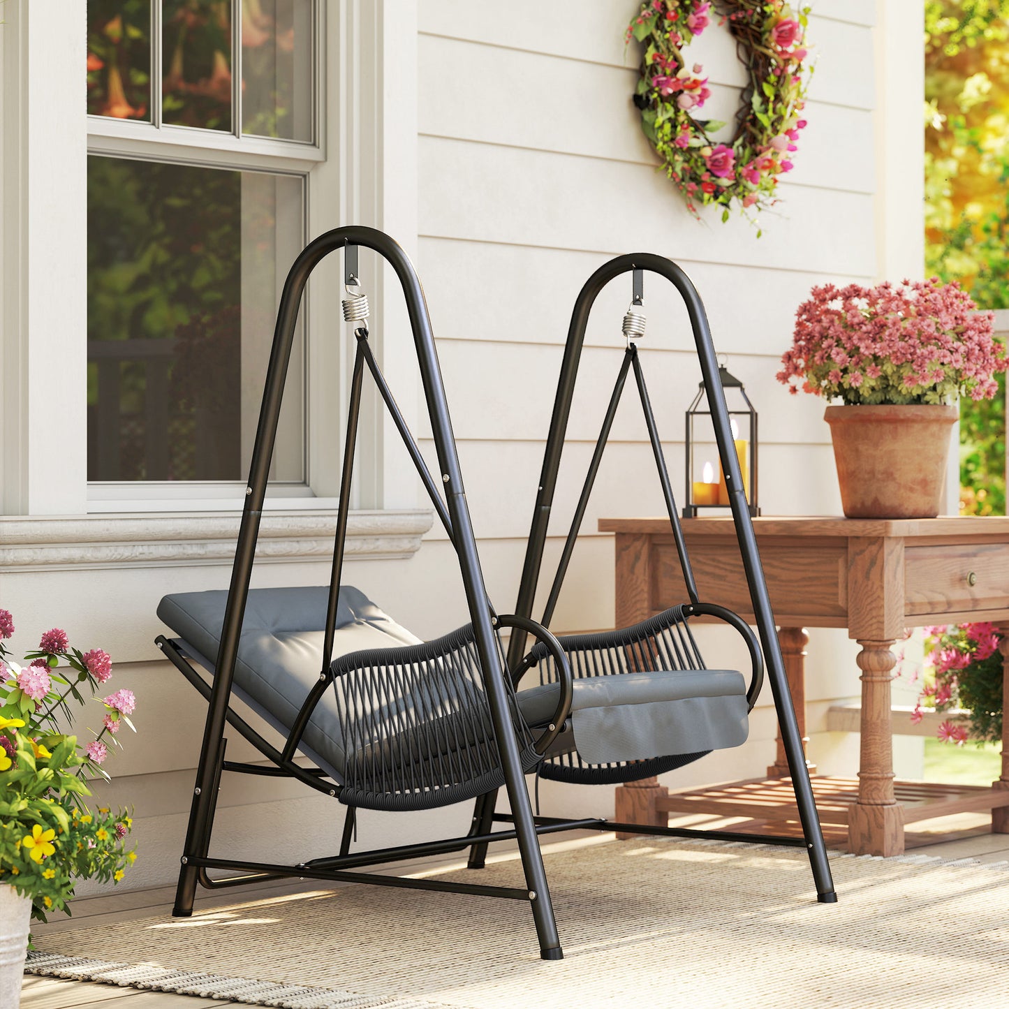 Rattan Swing Chair, Outdoor Garden Hanging Swing Seat with Stand