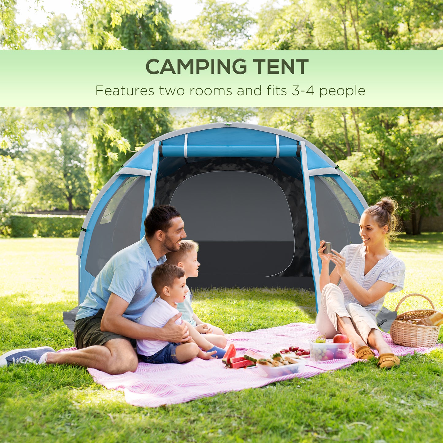 3-4 Man Tunnel Tent, Two Room Camping Tent with Windows