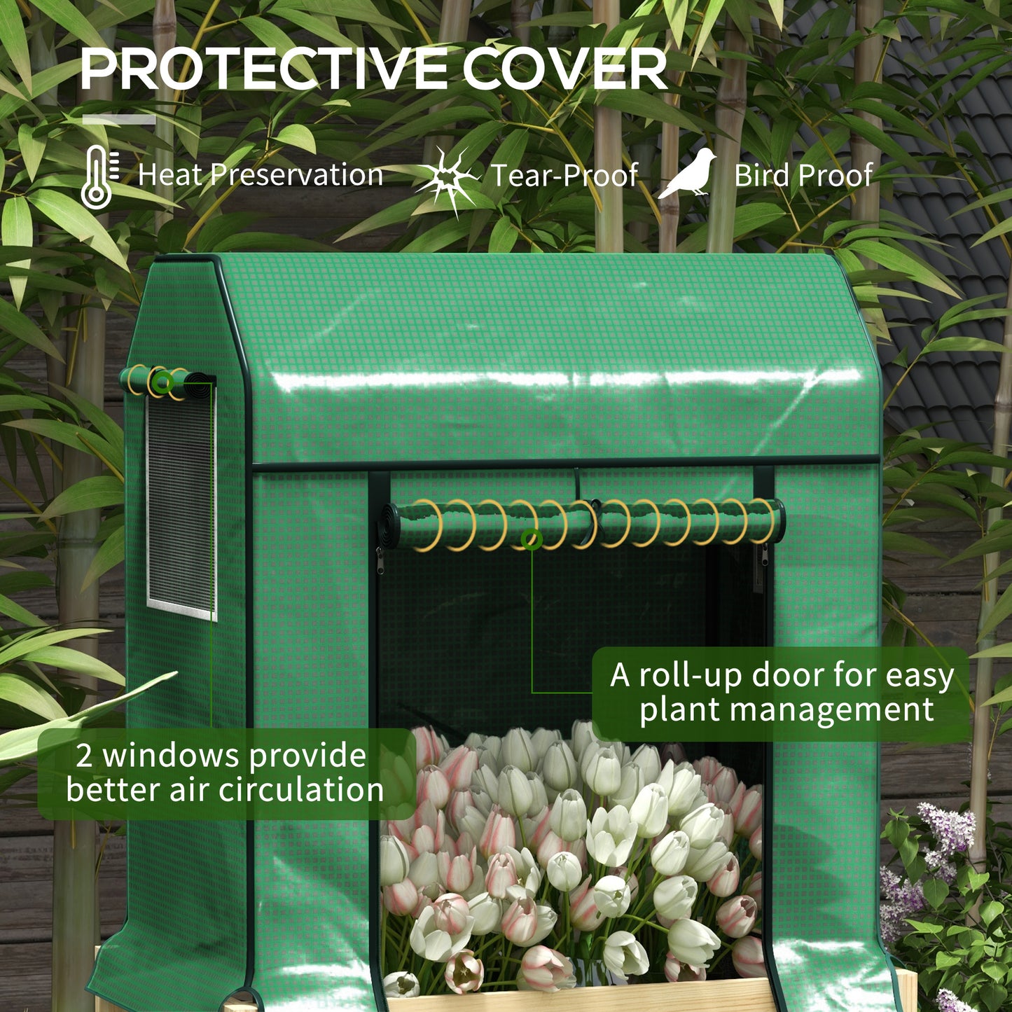 Wooden Planter Box with PE Greenhouse Cover and Bed Liner