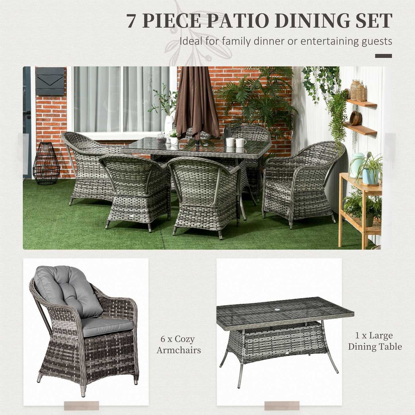 Seven-Piece Rattan Dining Set with Tempered Glass Table Top