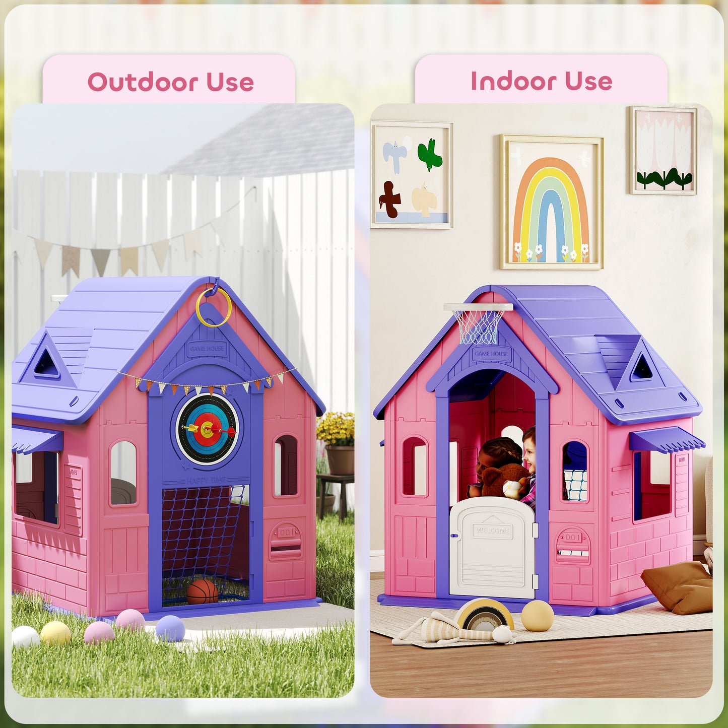 5-in-1 Playhouse for Kids Outdoor Indoor with Basketball Hoop