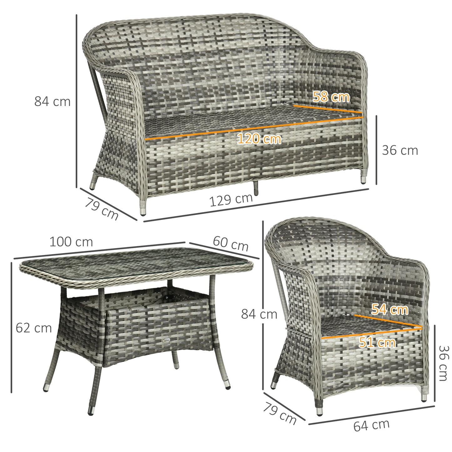 Four-Piece Rattan Set, with Glass-Top Table