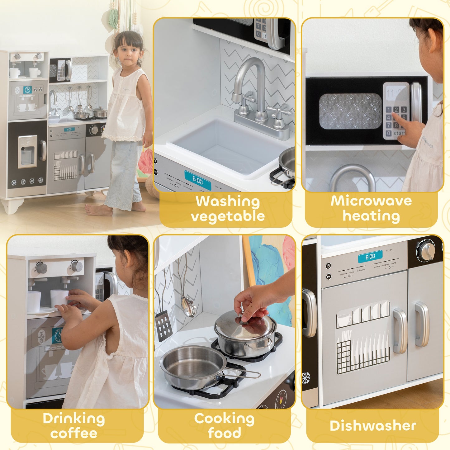 Kids Play Kitchen with Sound, Ice/Coffee Maker, Utensils, Microwave