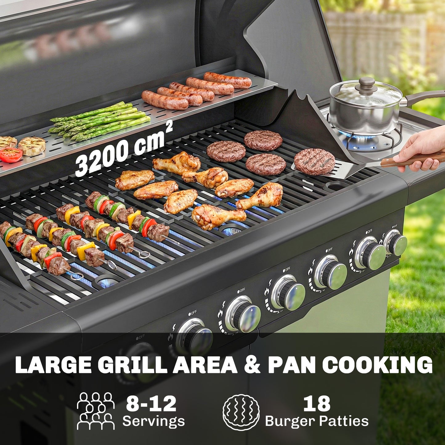 6+1 Burner Gas BBQ Grill, Outdoor Barbecue Trolley with Wheels
