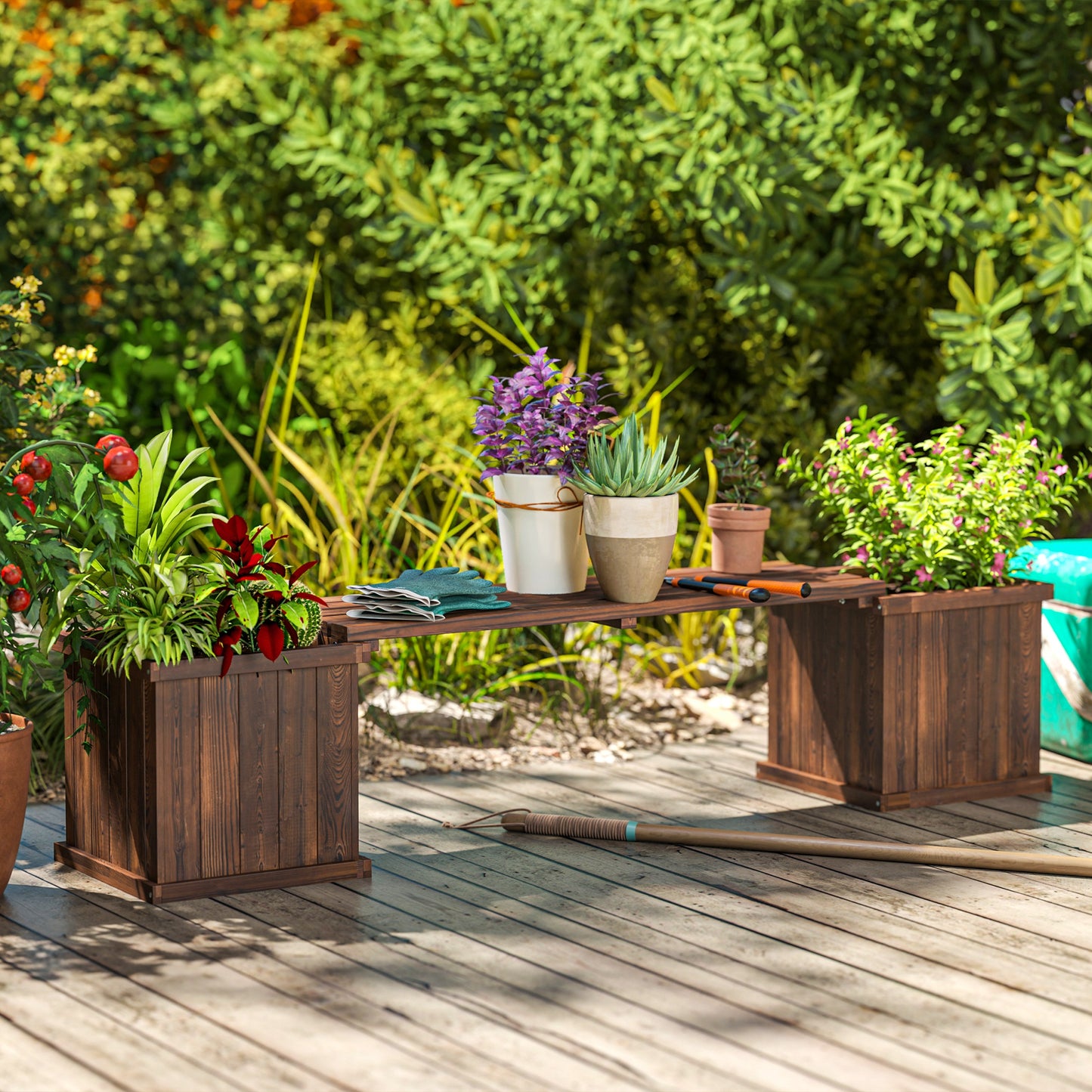 Wooden Garden Planter & Bench Combination Garden Raised Bed Patio