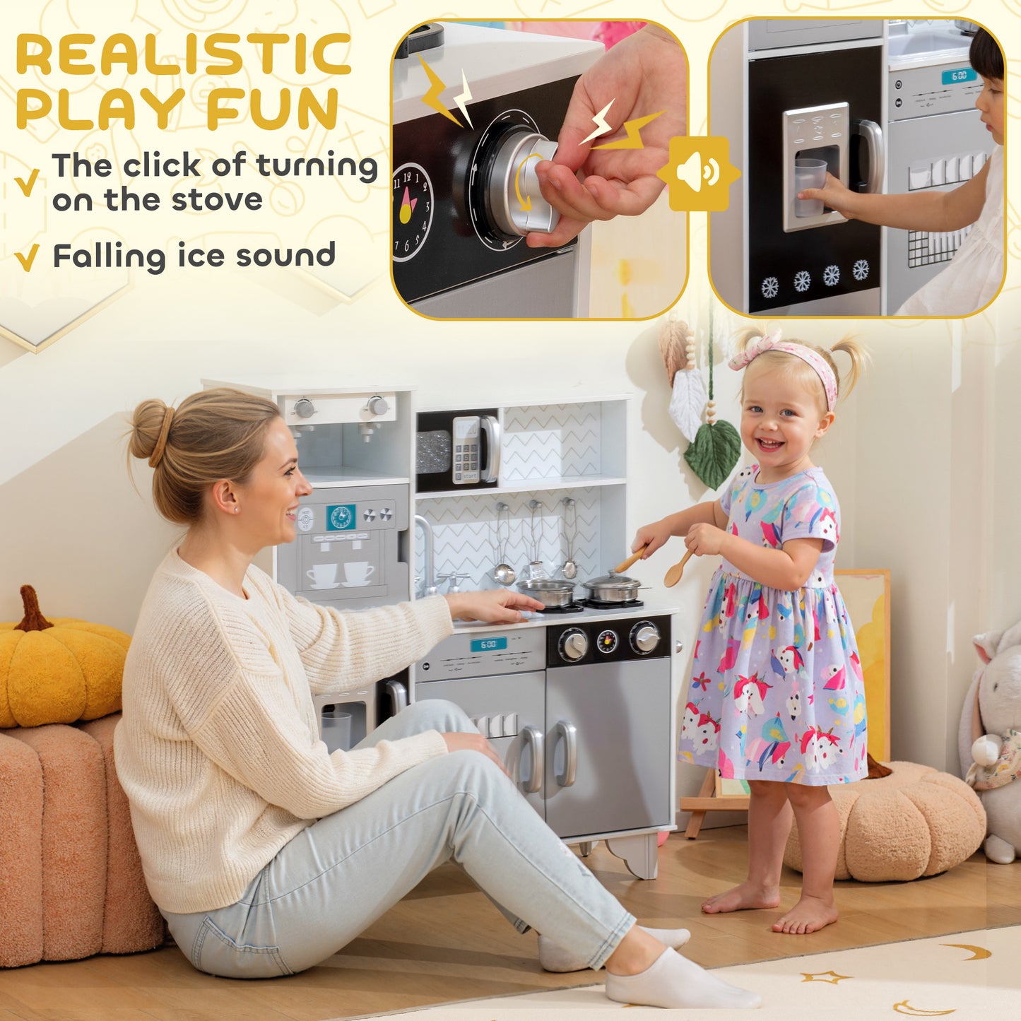 Kids Play Kitchen with Sound, Ice/Coffee Maker, Utensils, Microwave