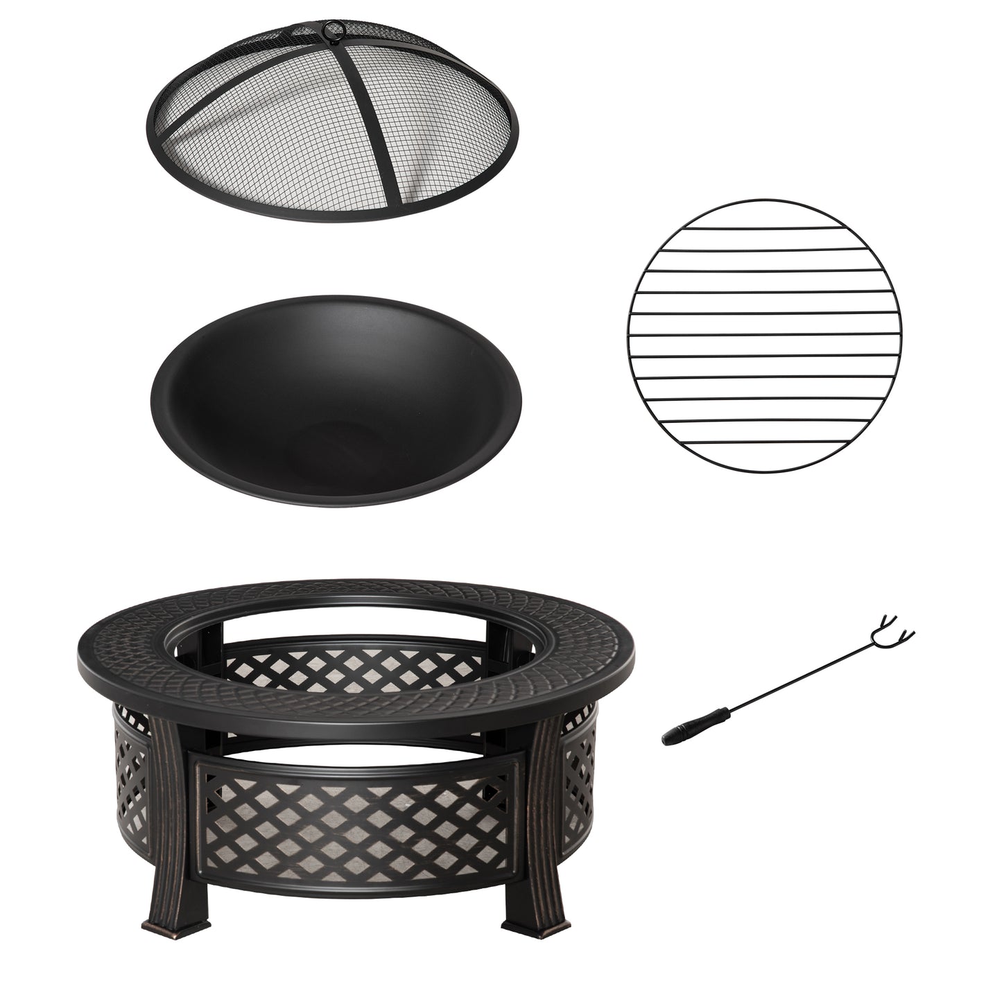 Outdoor Fire Pit, Firepit with Grill Net, Mesh Lid, Poker