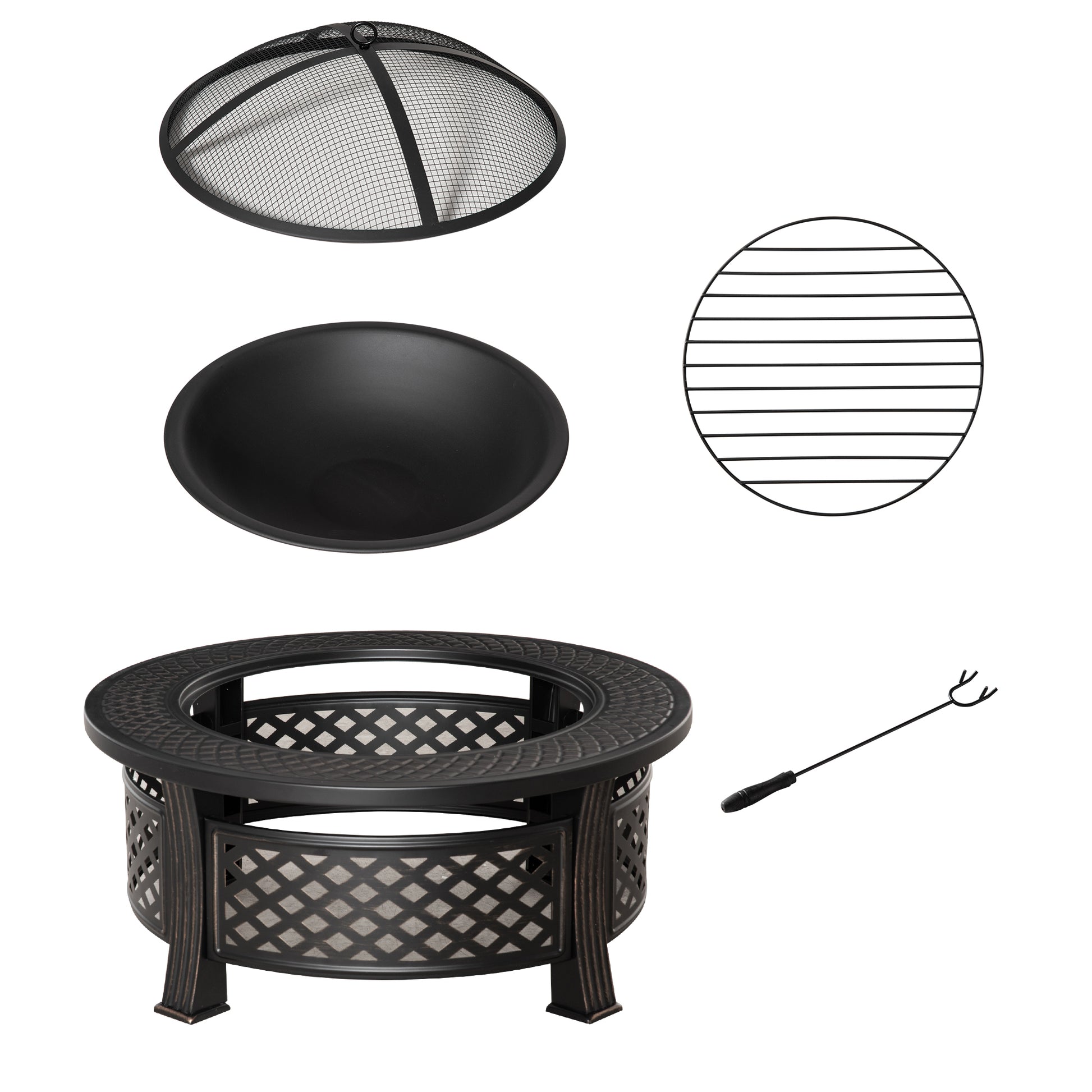 Outdoor Fire Pit, Firepit with Grill Net, Mesh Lid, Poker