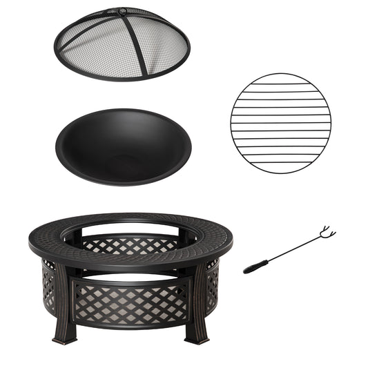 Outdoor Fire Pit, Firepit with Grill Net, Mesh Lid, Poker