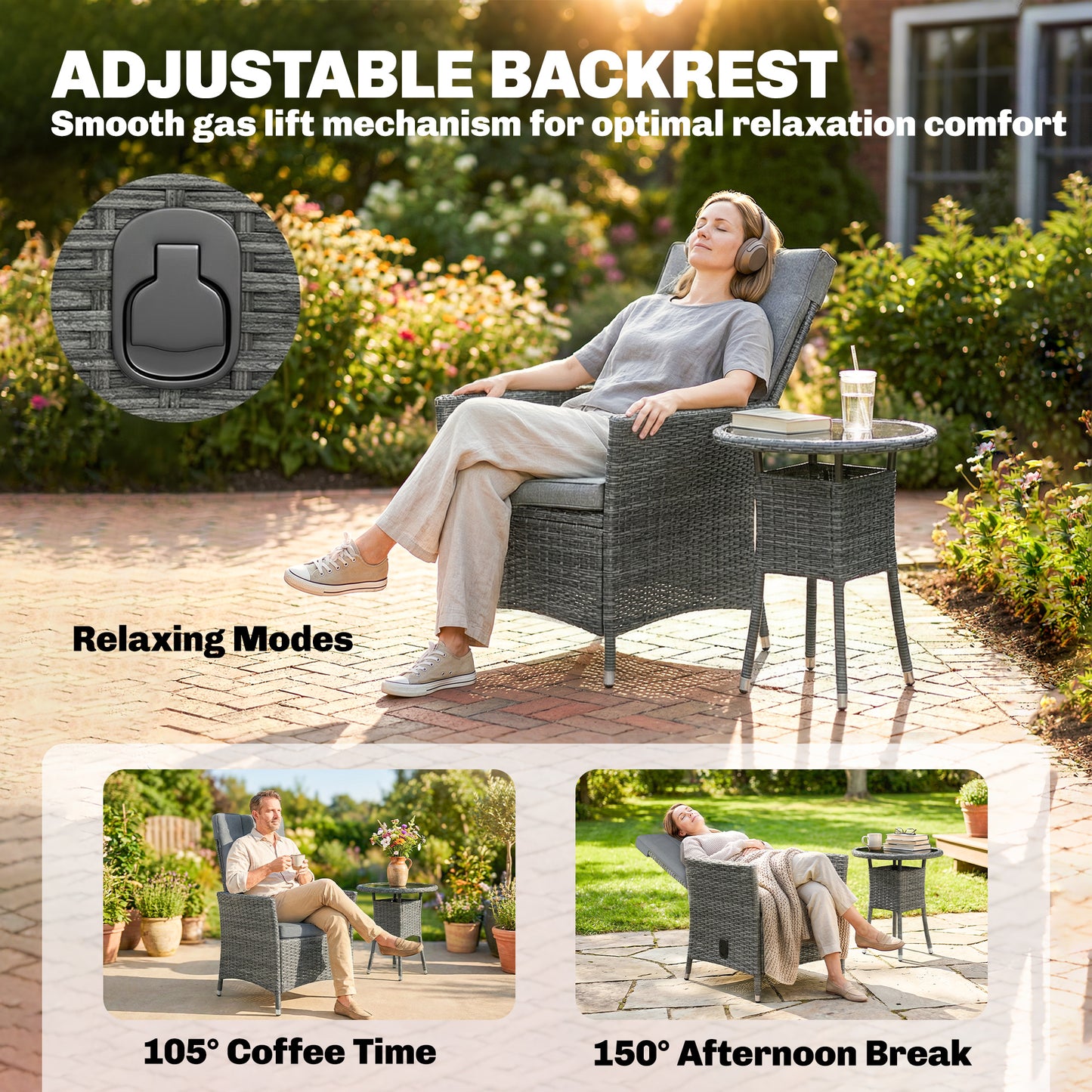 Rattan Bistro Set, Reclining Garden Chairs and Glass Coffee Table