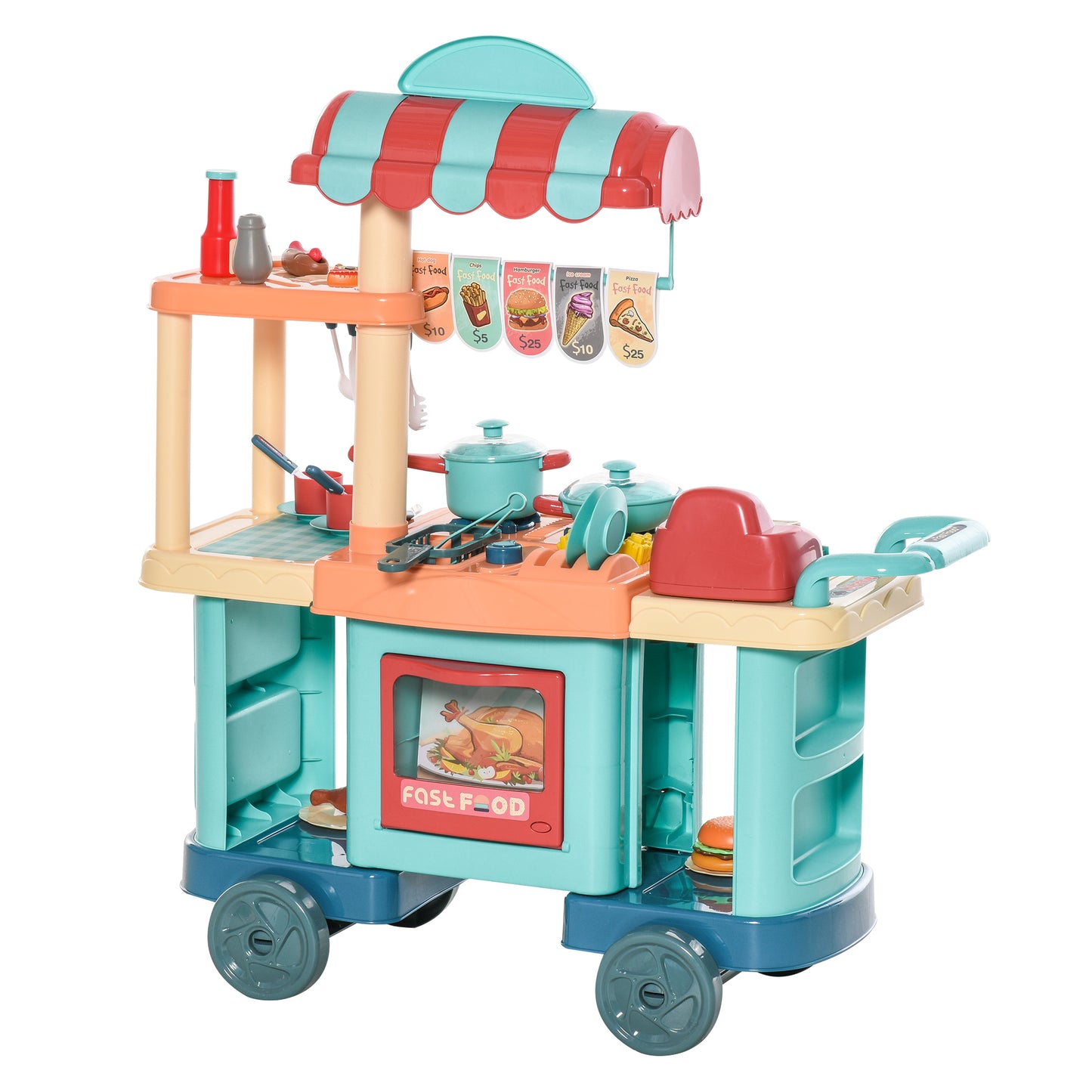 50 Pcs Kids Kitchen Play set Fast Food Trolley Cart Pretend Playset