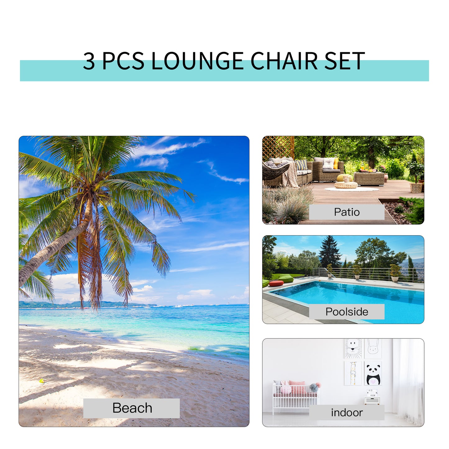 3 Pieces Lounge Chair Set Metal Frame Garden Outdoor Recliner