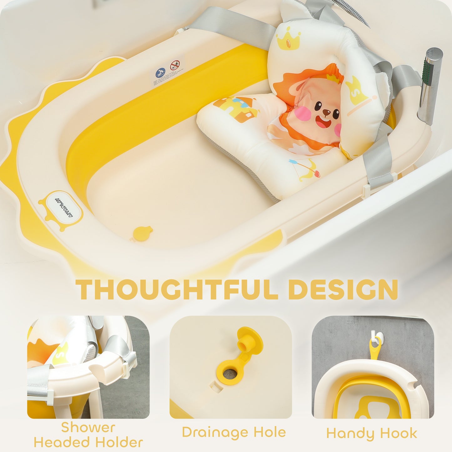 Foldable Baby Bath Tub Set with Bath Cushion, Wash Basin