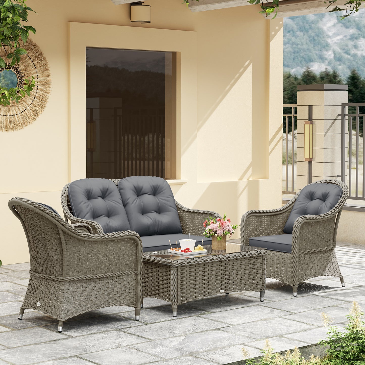 Four-Piece Rattan Sofa Set, with Glass-Top Table