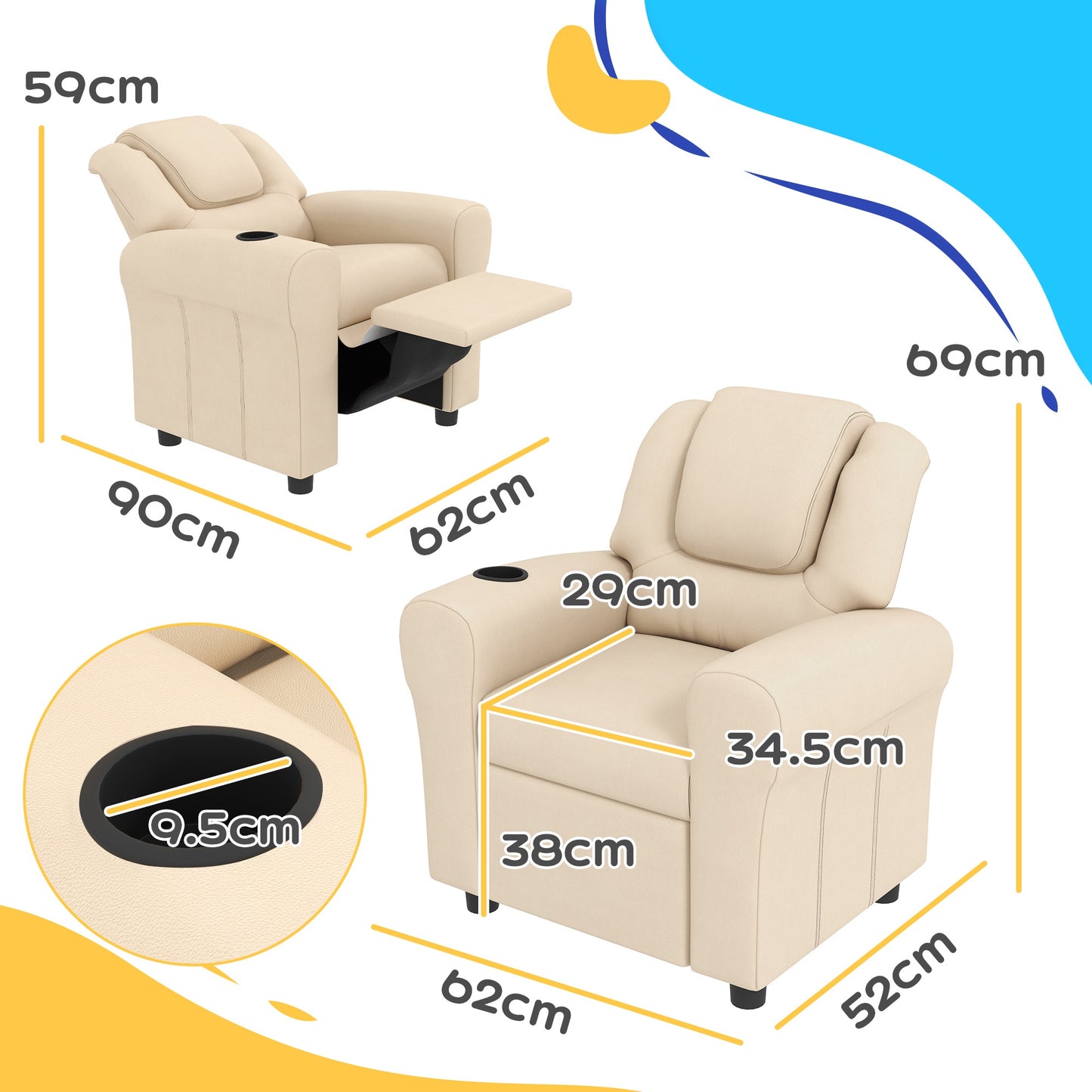 Kids Recliner Chair, PU Leather with Adjustable Backrest, Footrest