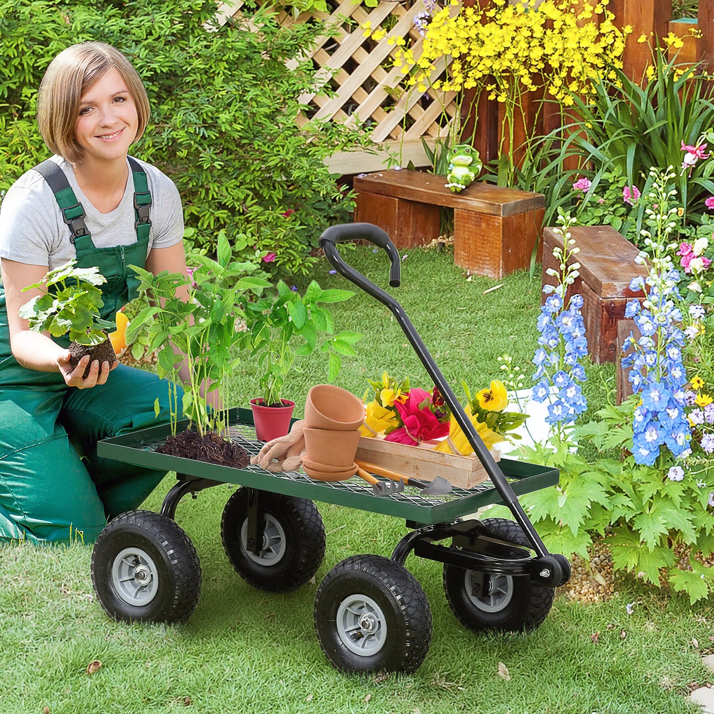 Garden Trolley Cart, Heavy Duty Garden Cart with Metal Frame