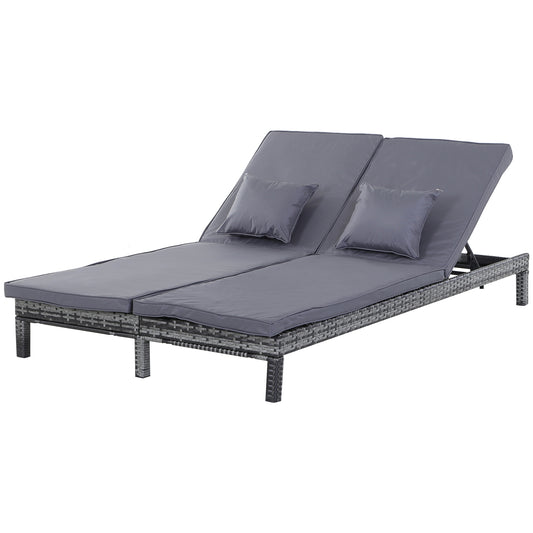 2 Seater Rattan Lounger Adjustable Double Chaise Chair Loveseat w/