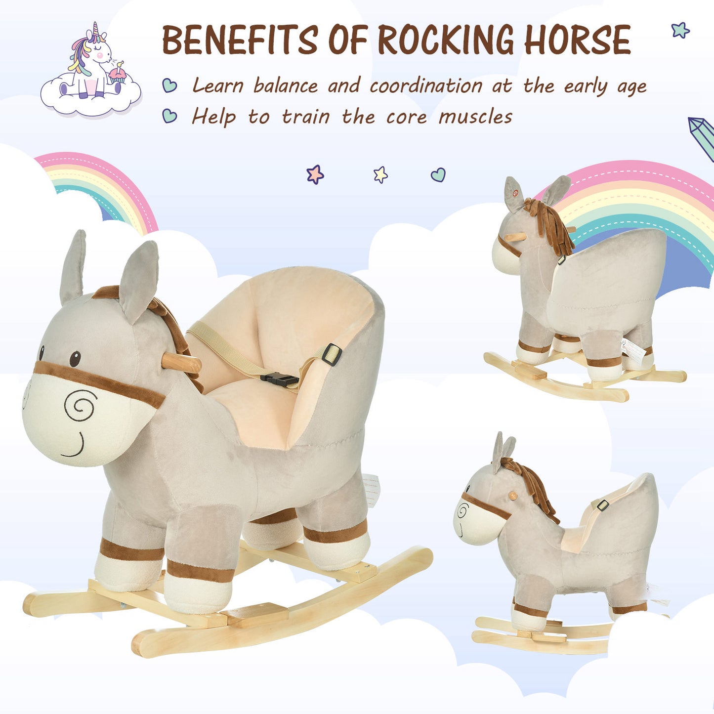 Kids Rocking Horse, Children Plush Ride On Donkey Animal Rocker w/