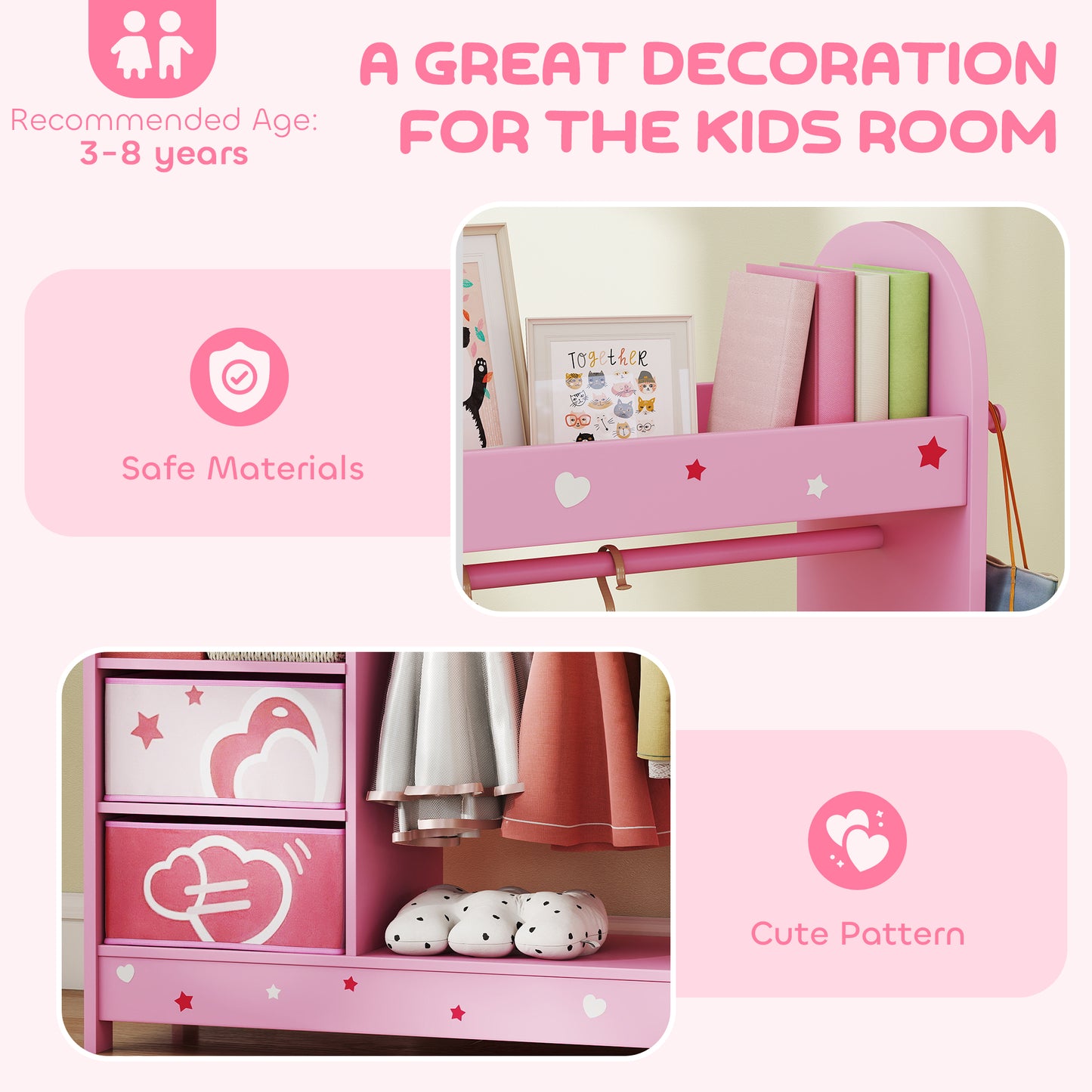 Kids Clothes Rail, Kids Wardrobe with Mirror, Shelves