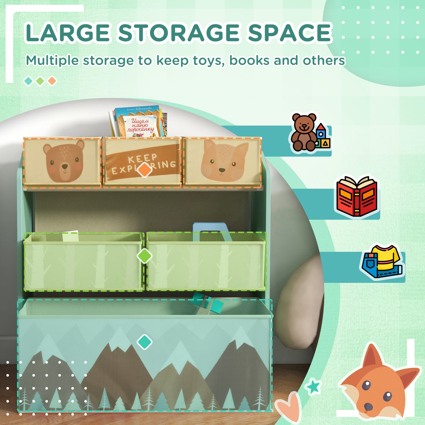 Kids Storage Unit, Toy Storage Organiser, with Six Fabric Bins