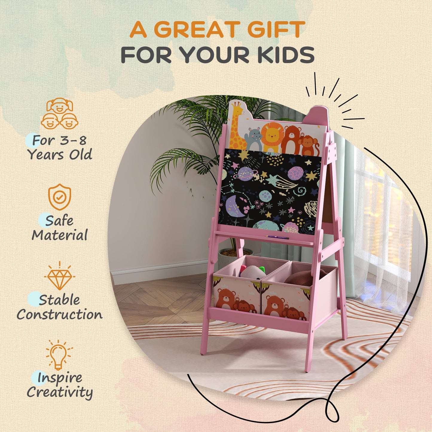 2 in 1 Kids Easel with Whiteboard, Chalkboard, Storage Boxes