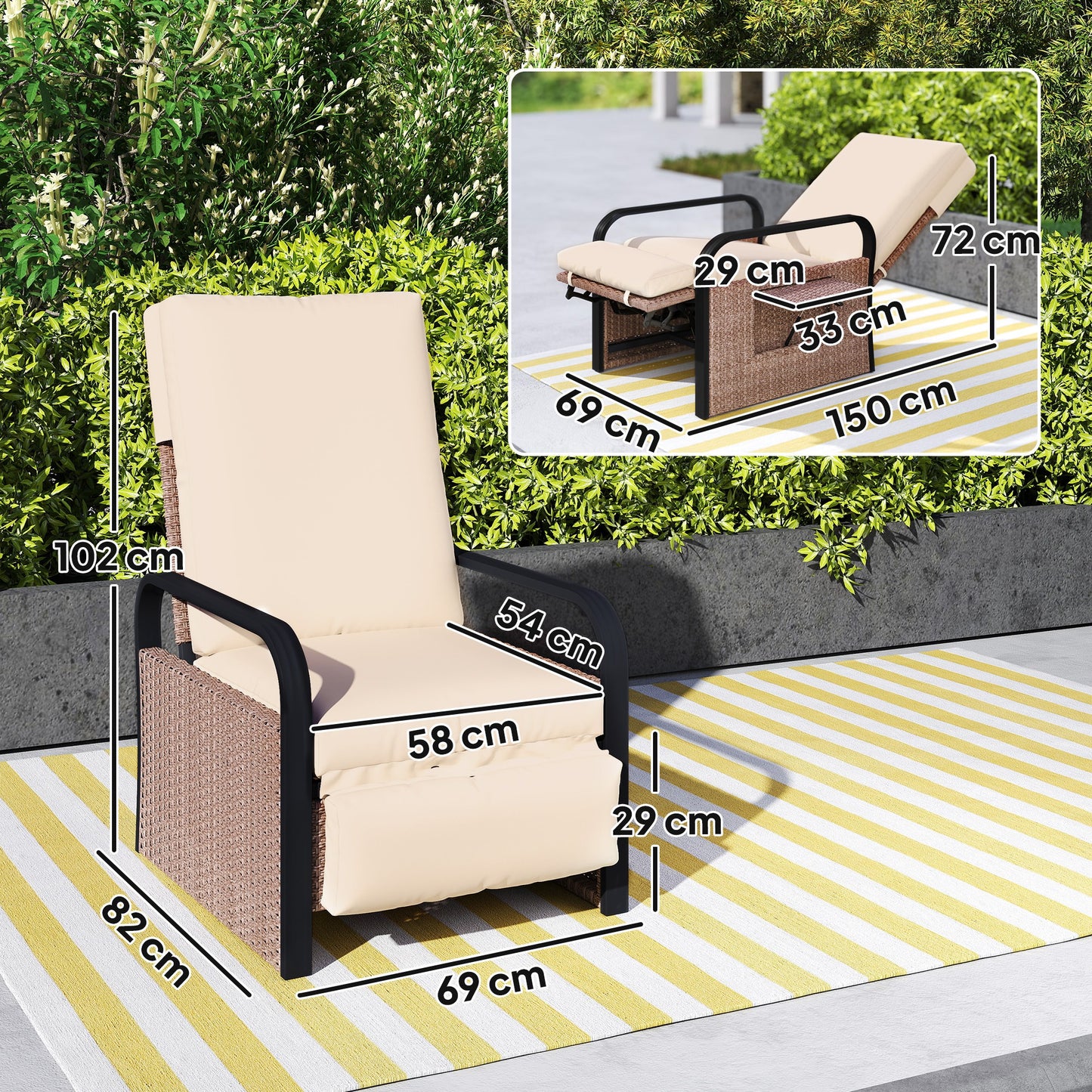 140° Reclining Rattan Armchair - Brown/Khaki